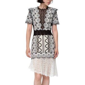 SEA New York Lola Black White Crochet Lace Ruffle Short Sleeve Dress